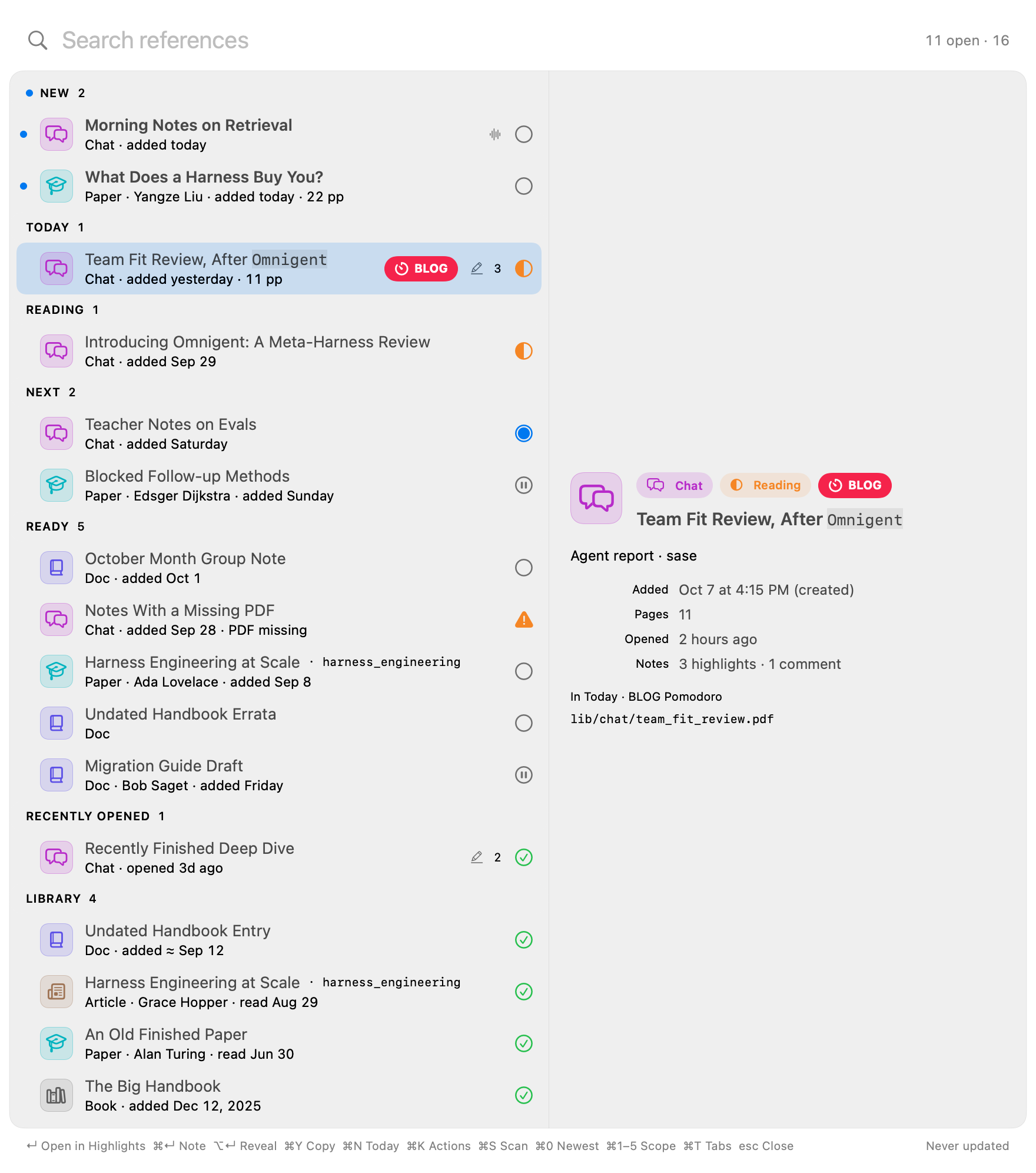 Bob Refs browse panel with reading-state sections and the selected reference's inspector